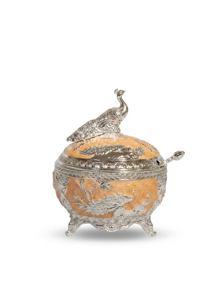 Peacock Sugar Pot (Peach Enamel) Big