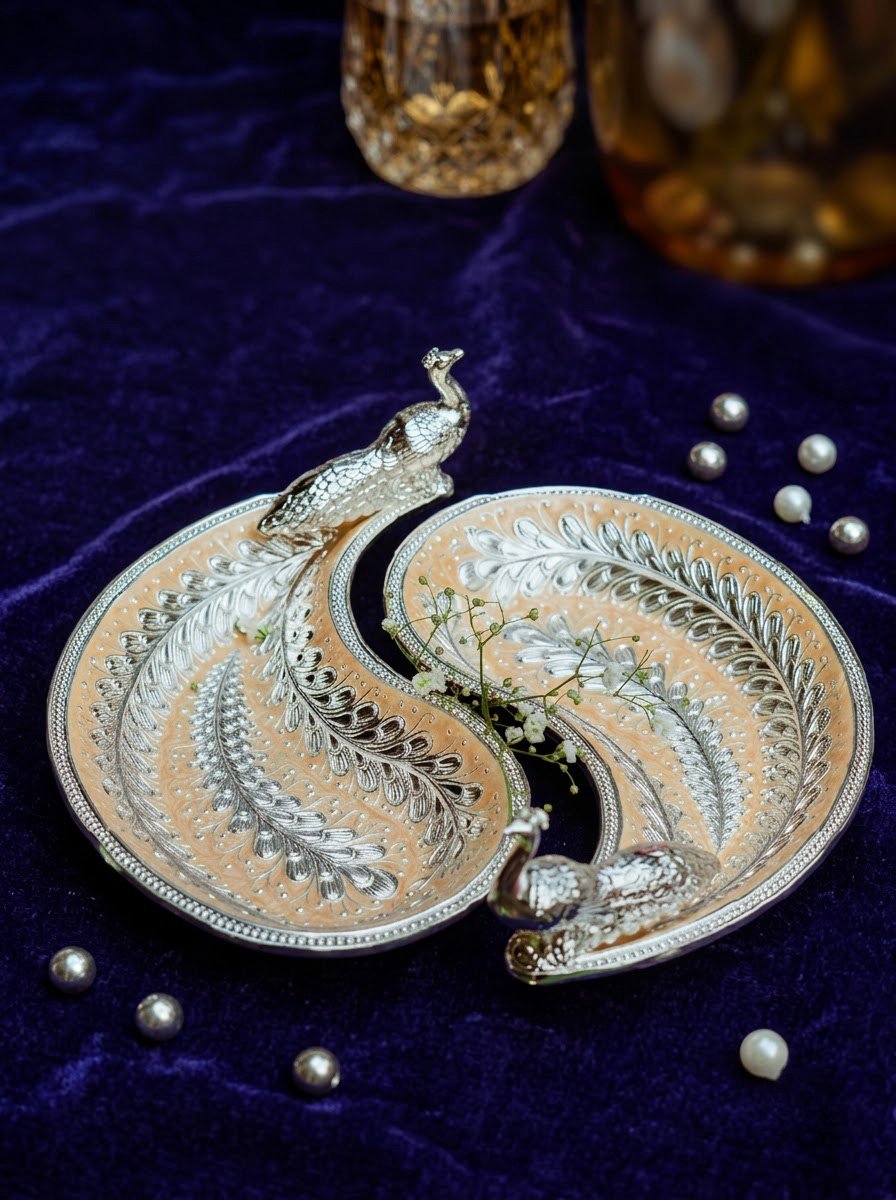 Pair of Peacock Tray Peach Enamel