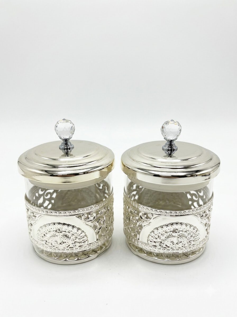 Pair of Peacock Jars with Crystal Nobs