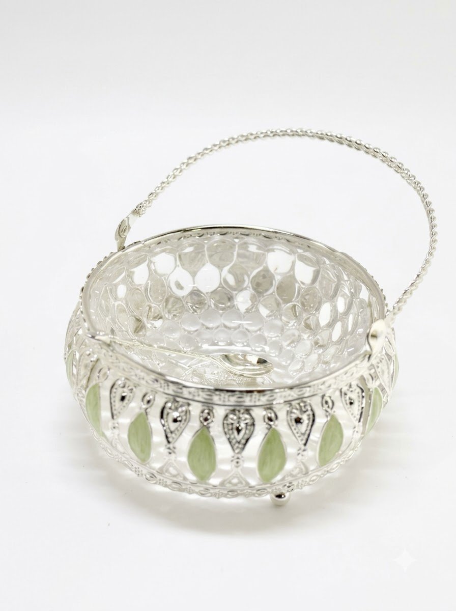Basket with Glass Bowl- Green Enamel