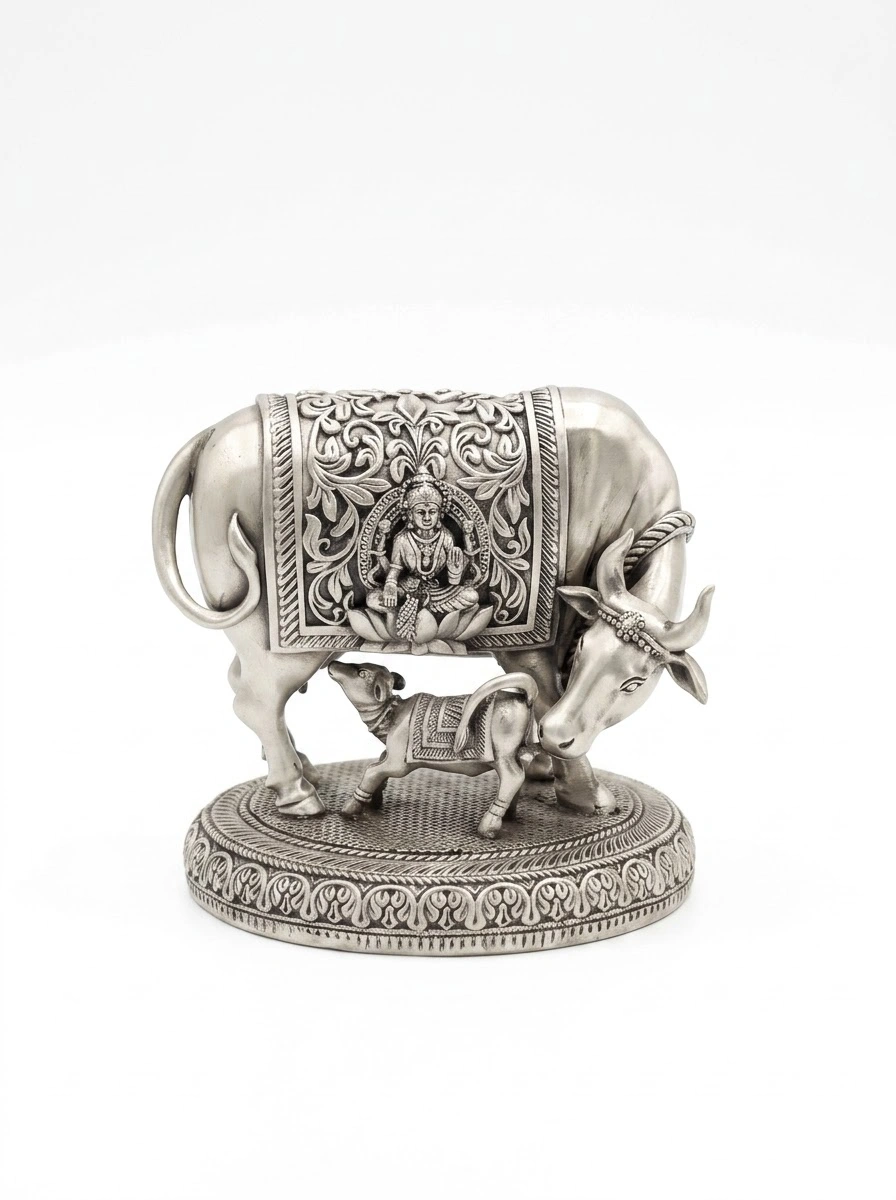 Lakshmi Cow with Calf Medium Silver Antiq Emery