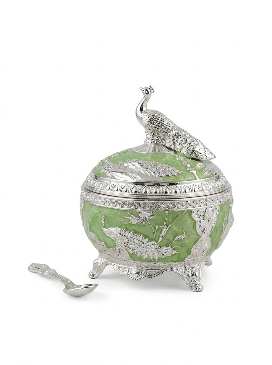 Peacock Sugar Pot (Green Enamel) Big