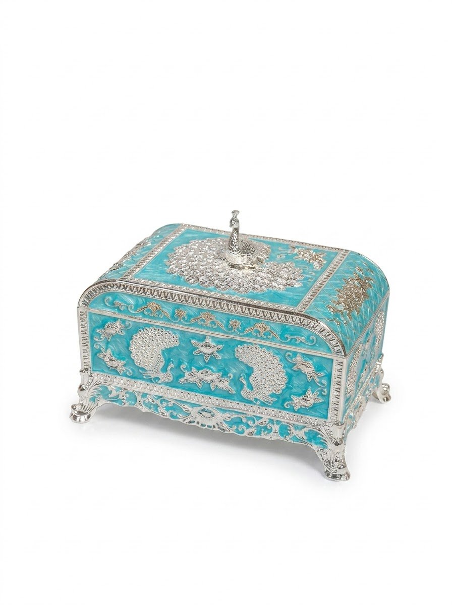 Peacock Jewellery Box- Blue Enamel