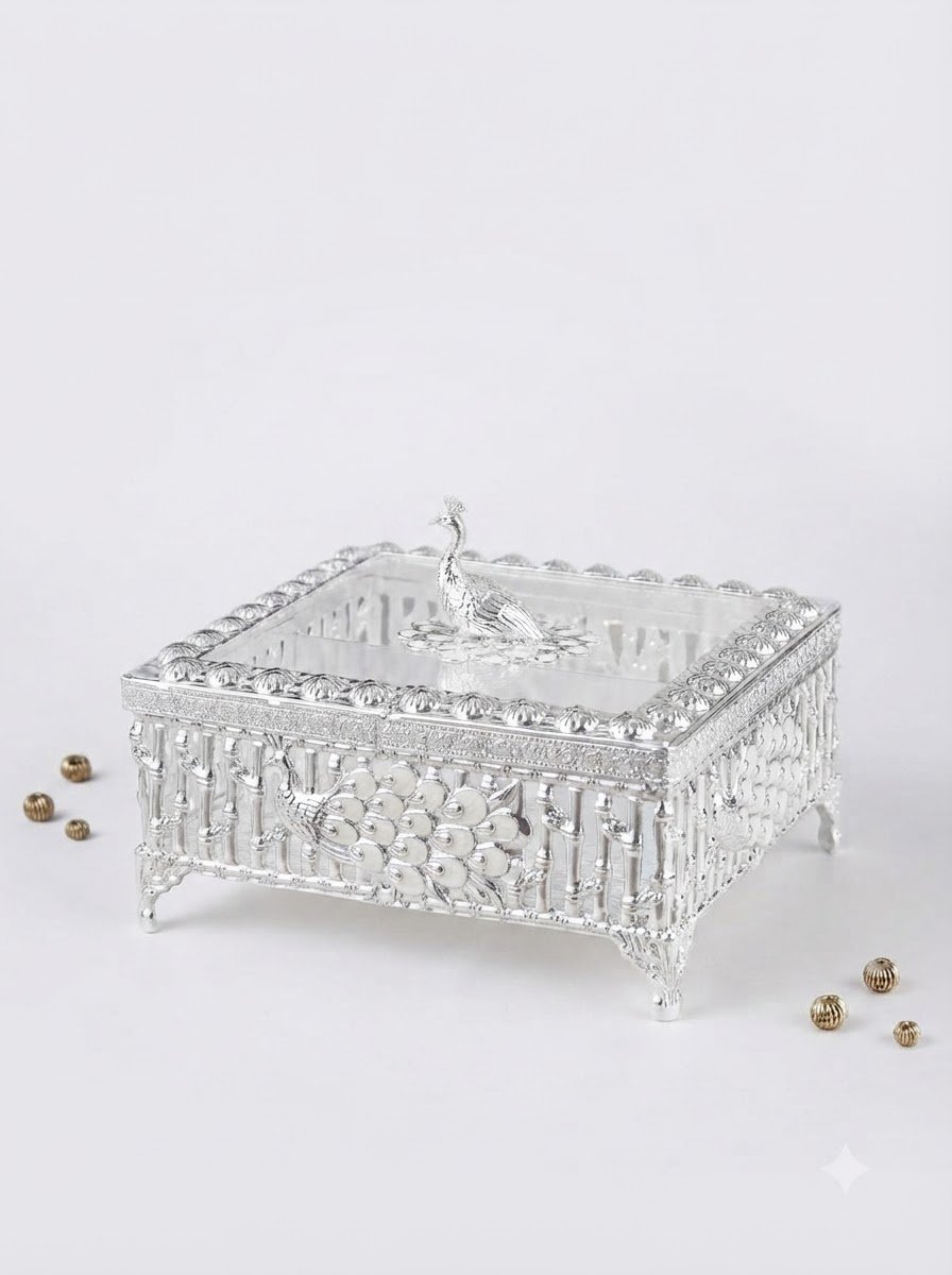 Square Peacock Dry Fruit Box Cream Enamel with Partition