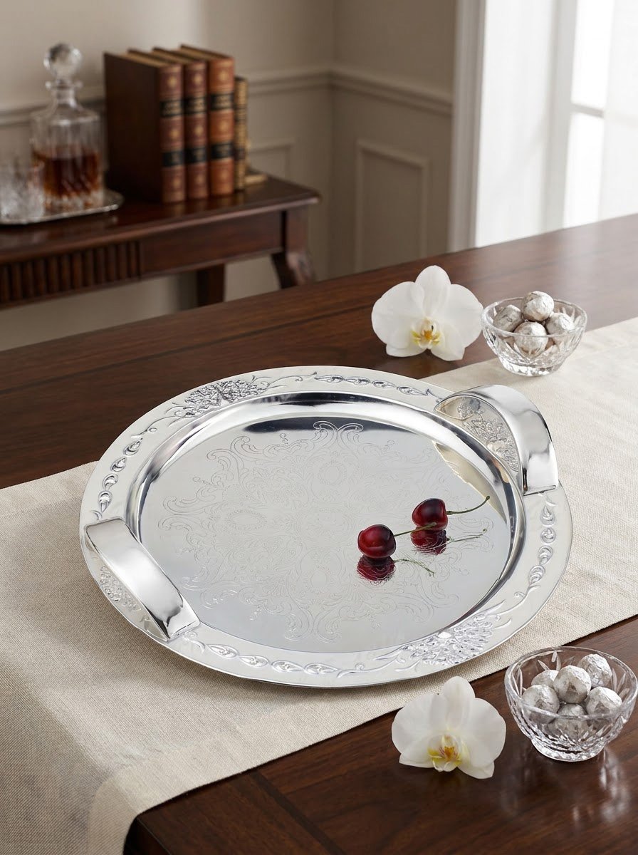 Round Tray with Handle Cream Enamel