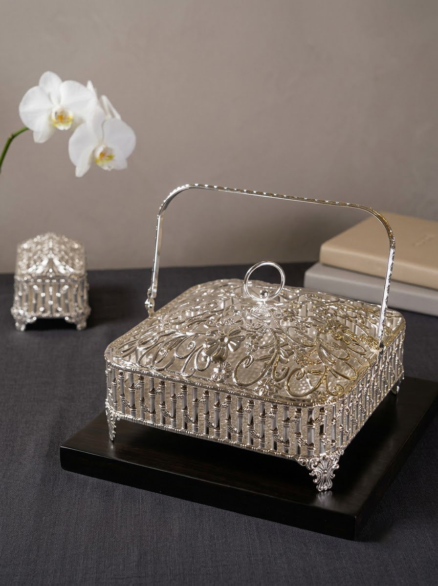 Big Square Basket with Lid & Handle Bamboo Design