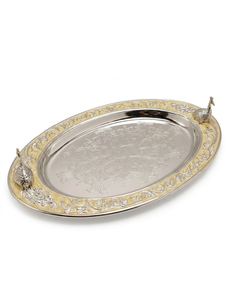 Peacock Motif Oval Tray Cream Enamel