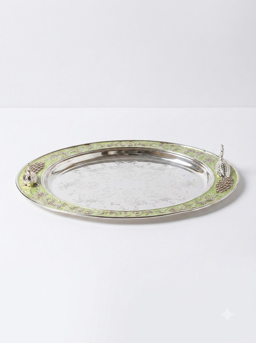 Peacock Motif Oval Tray Green Enamel