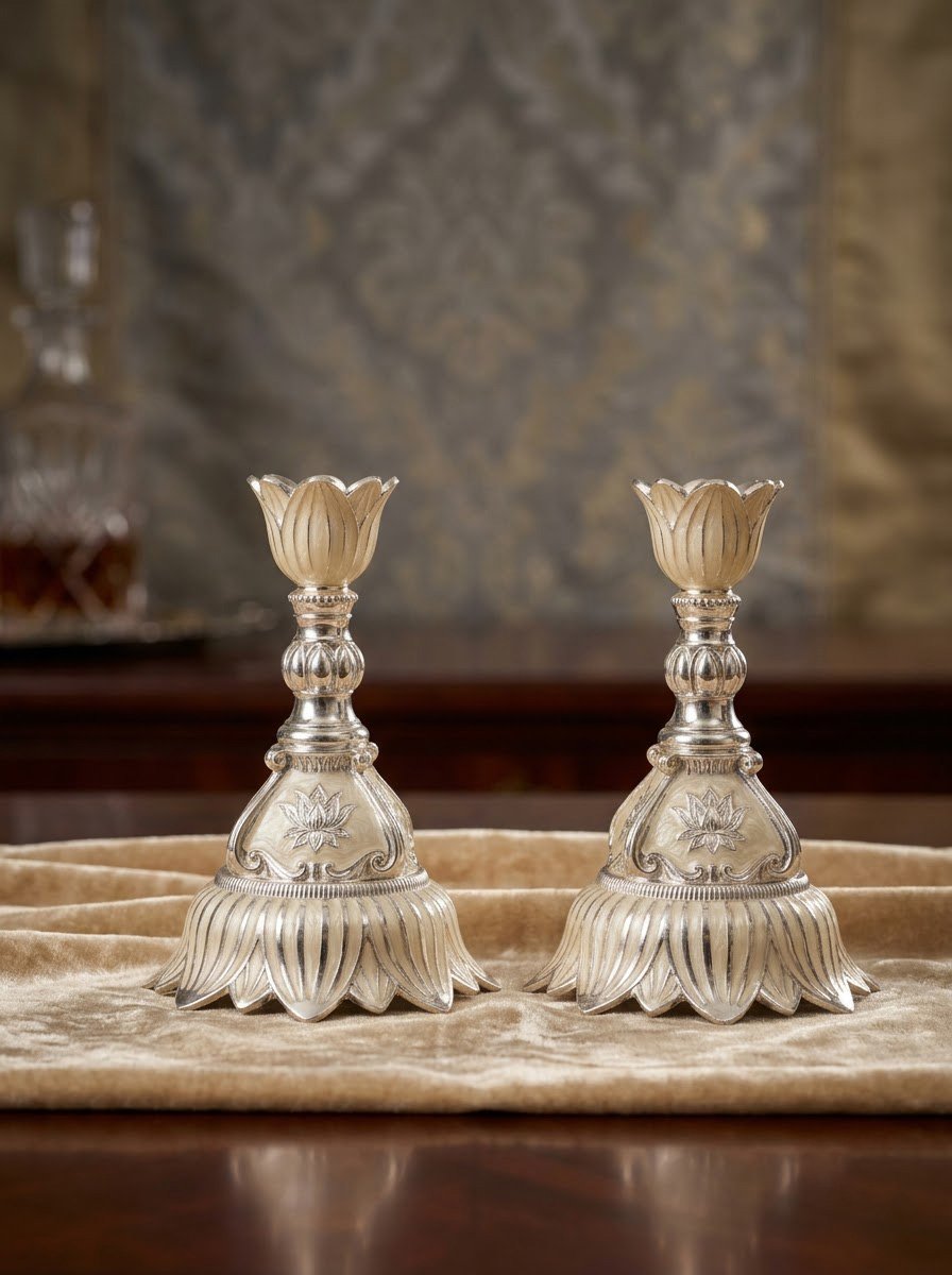 Pair of Candle Stand Cream Enamel