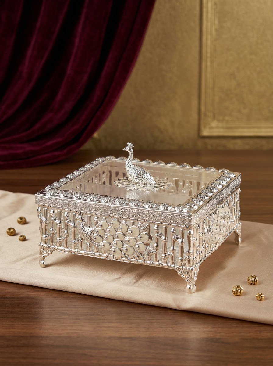 Square Peacock Dry Fruit Box Cream Enamel with Partition