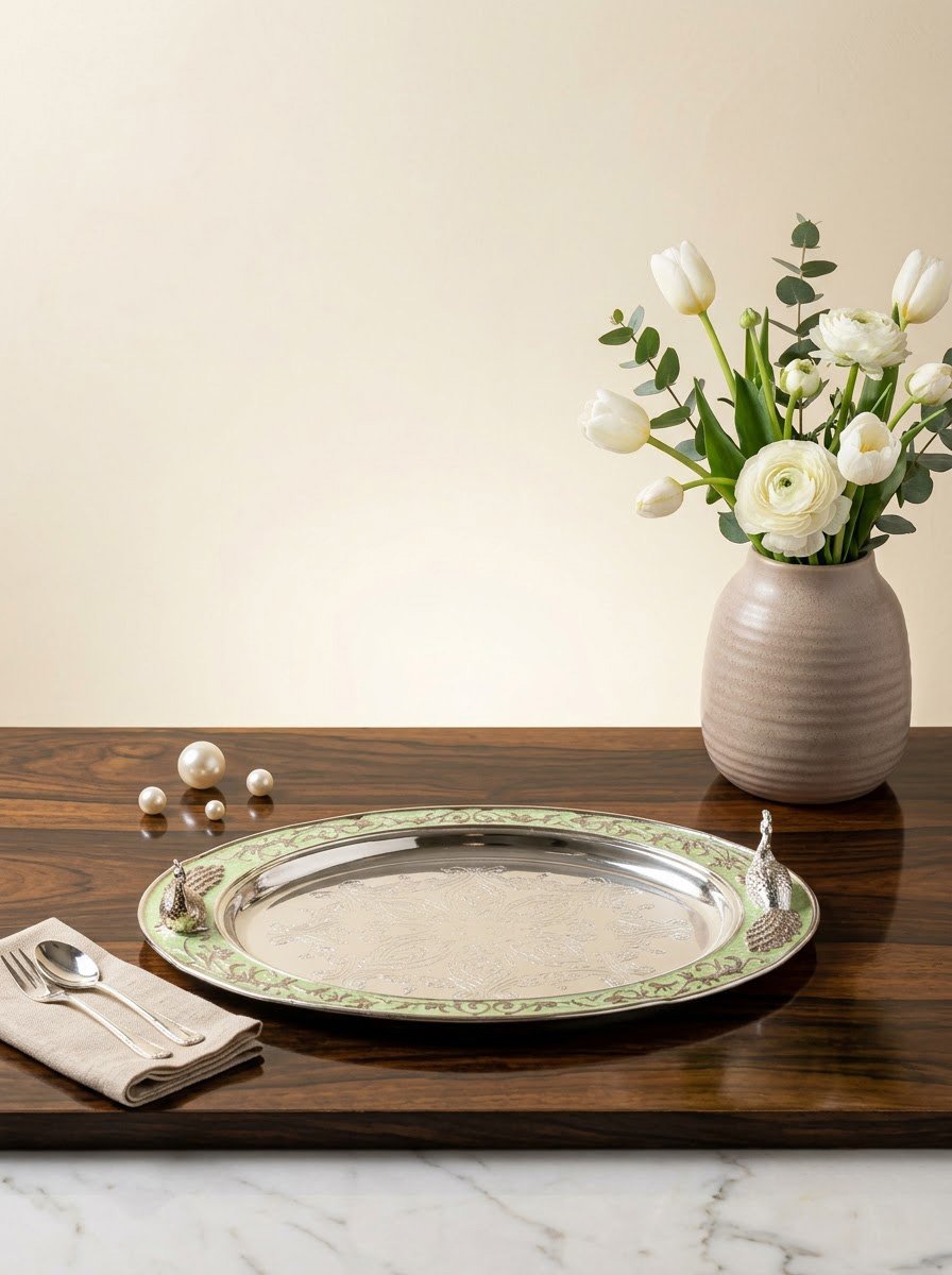 Peacock Motif Oval Tray Green Enamel