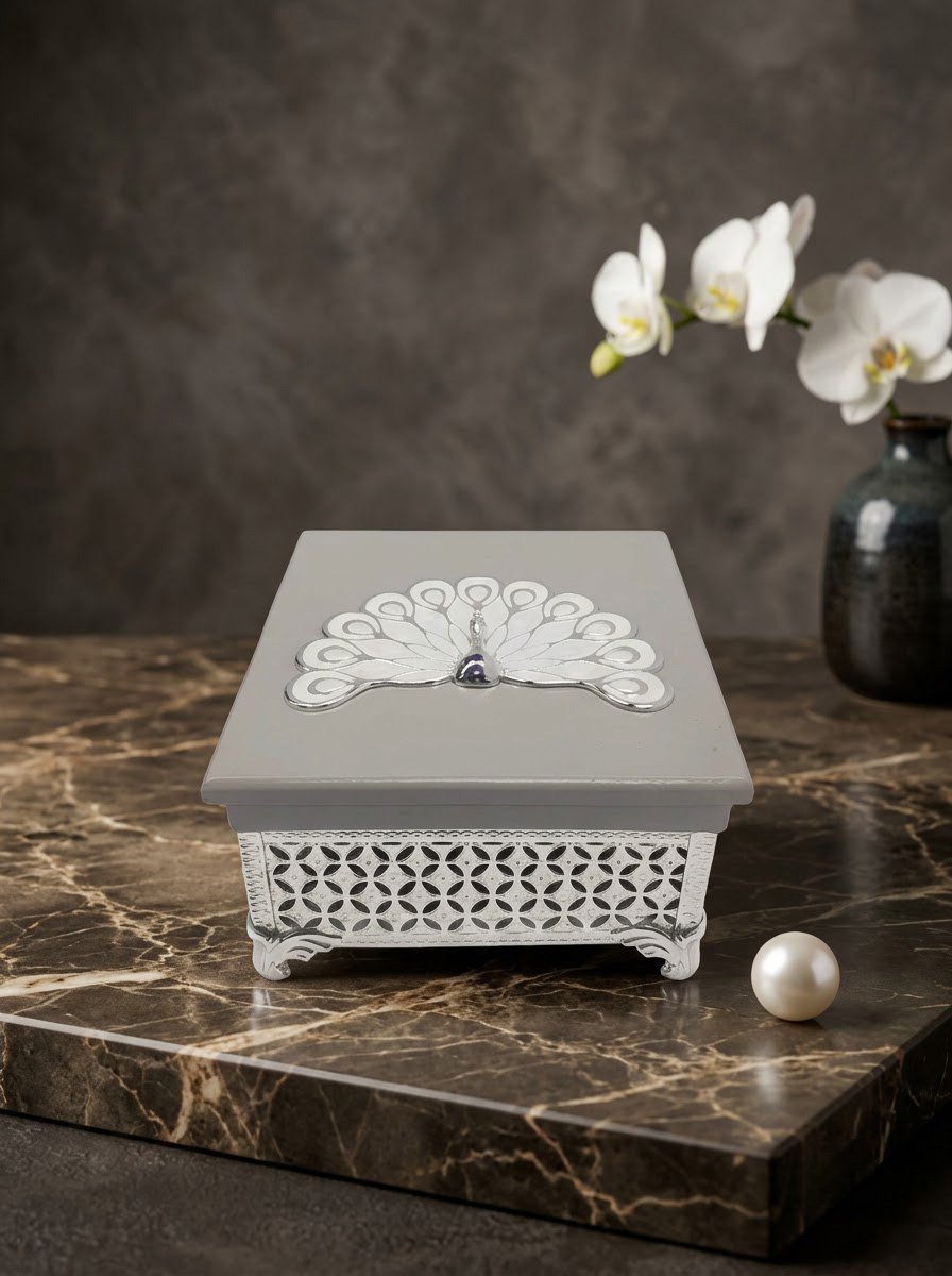 Square Small Peacock Wooden Box (Grey)