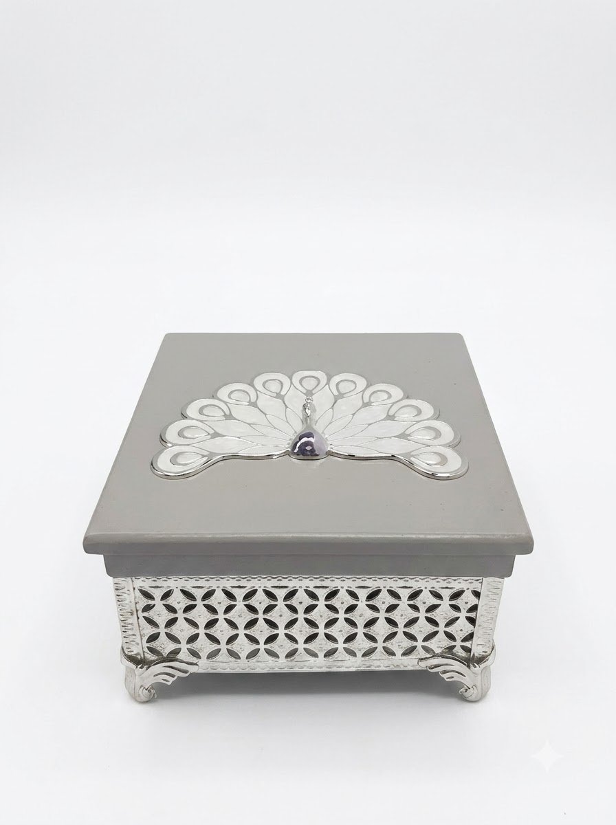 Square Small Peacock Wooden Box (Grey)