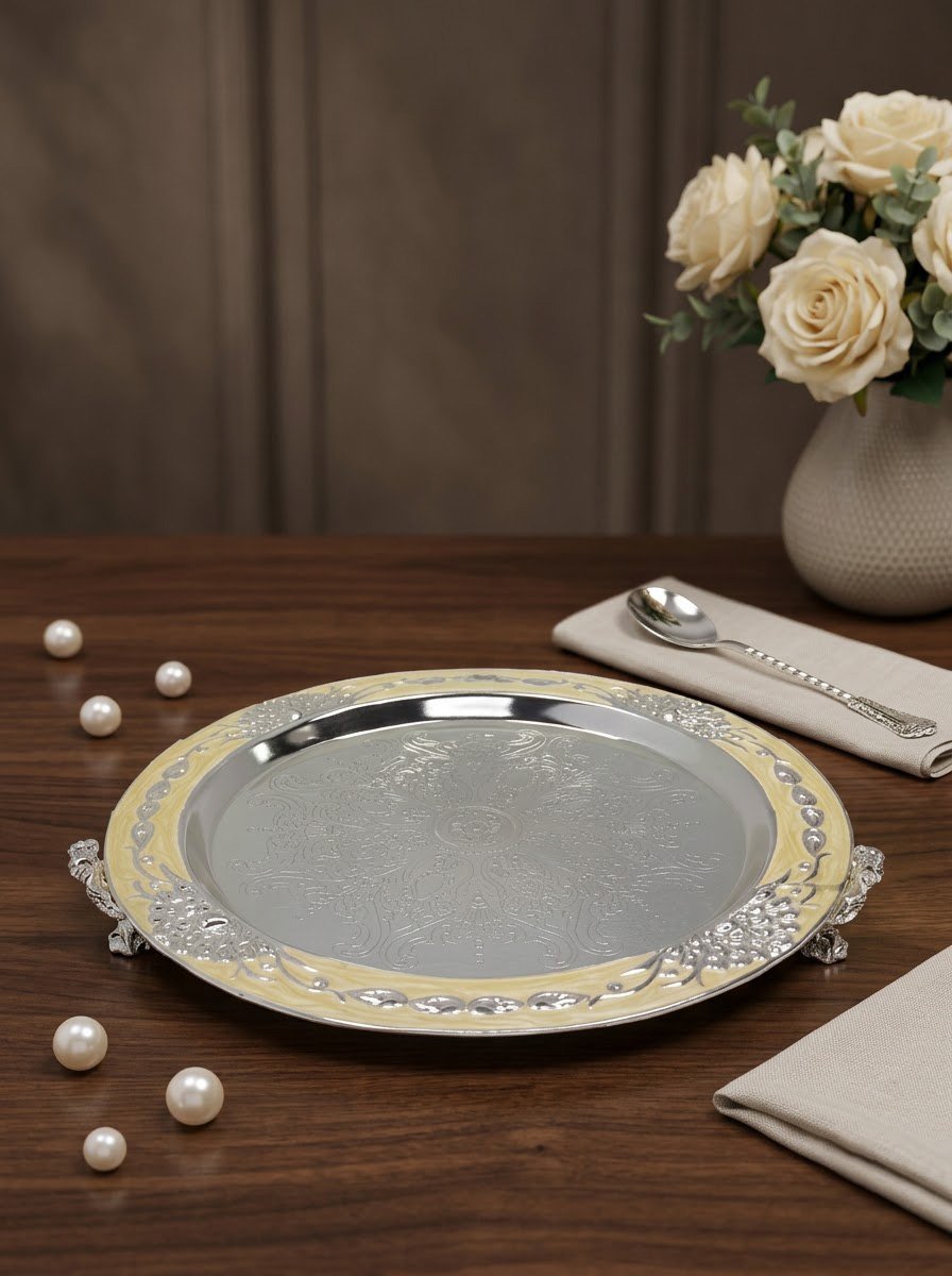 Round Tray with Peacock Foot (Cream Enamel)