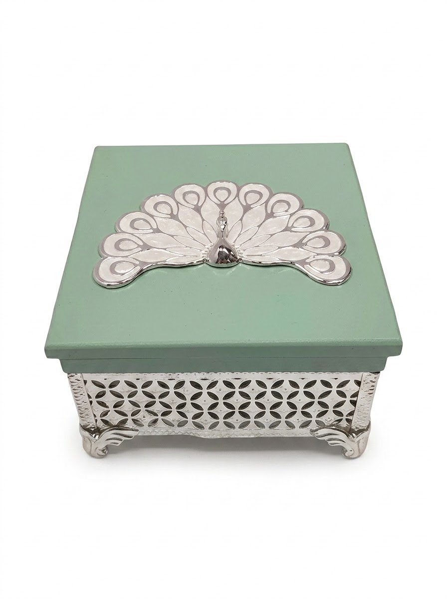 Square Small Peacock Wooden Box (Green)