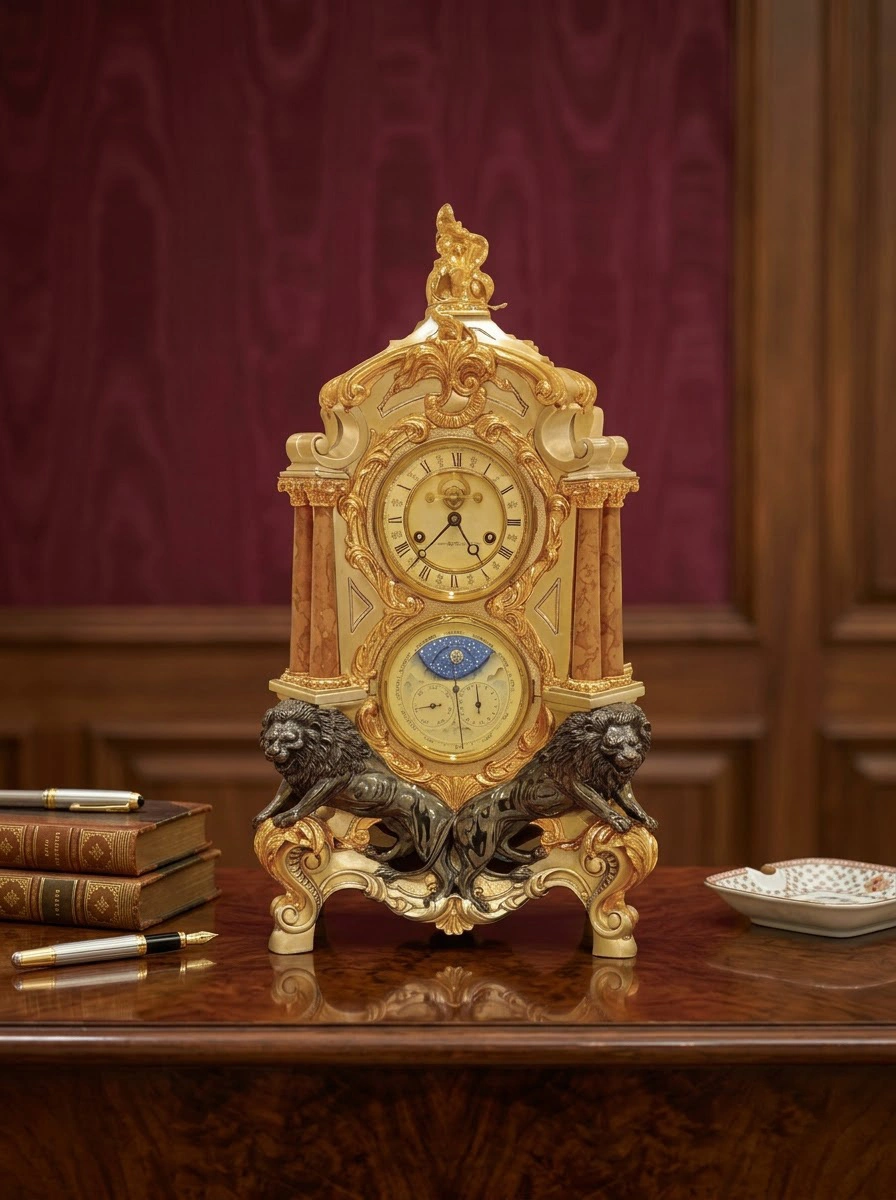 Clock with Two Black Lions & Brown Poles