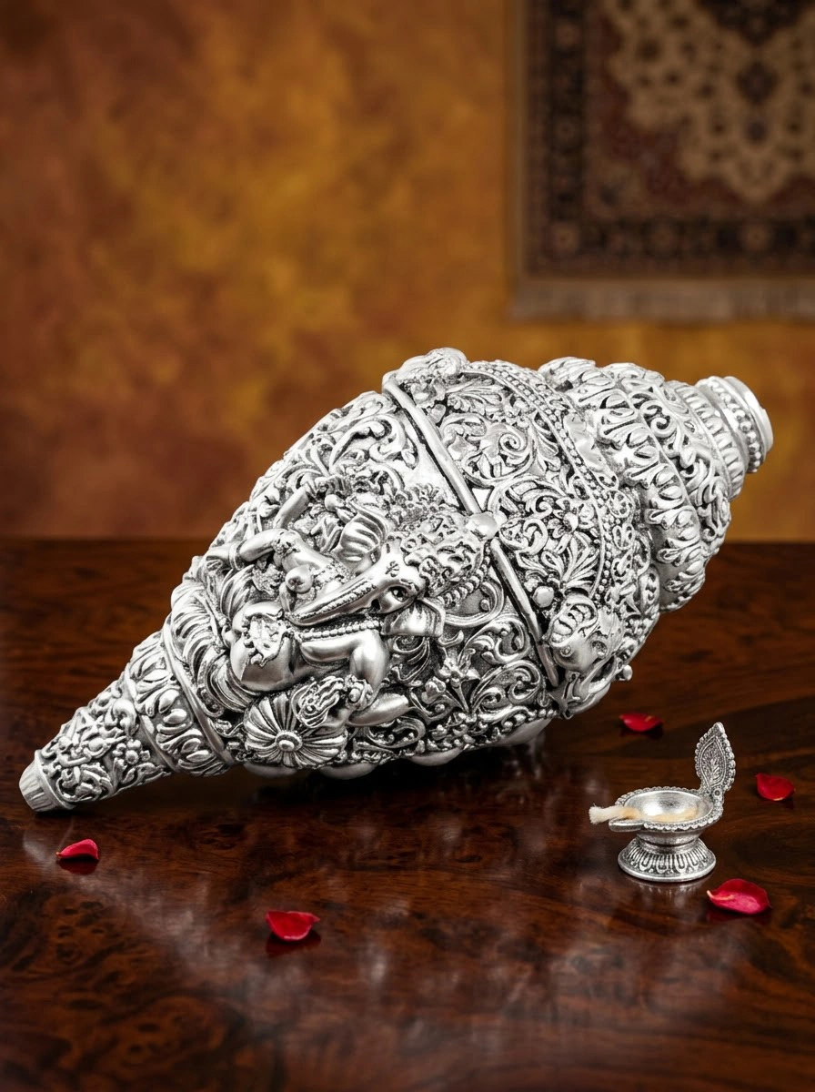 Ganesha Shankh Big Silver Antiq