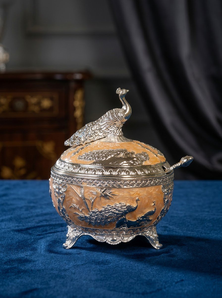 Peacock Sugar Pot (Peach Enamel) Big