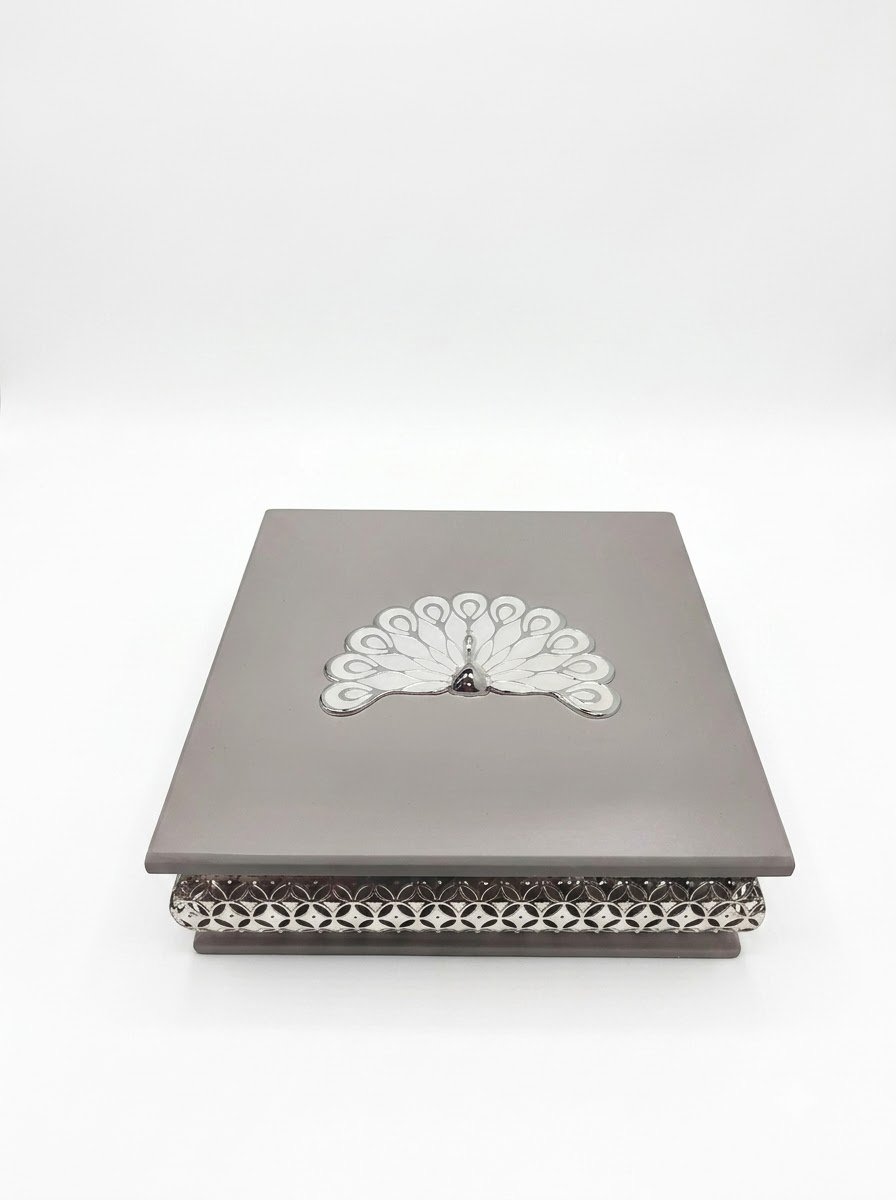 Square Big Peacock Wooden Box (Grey)